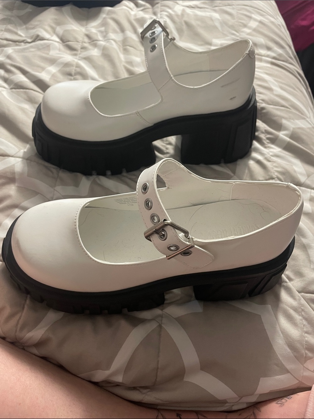 Current Mood White Mary Jane Platform Shoes with Chunky Black Lug Sole